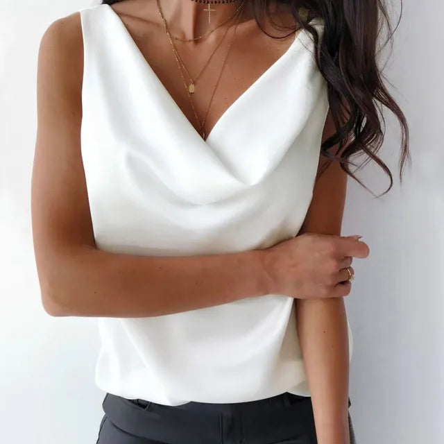 T-shirts pour femmes grandes tailles d'été débardeurs en satin de soie pour femmes, chemisiers décontractés sans manches à col bénitier, Roupas Femininas