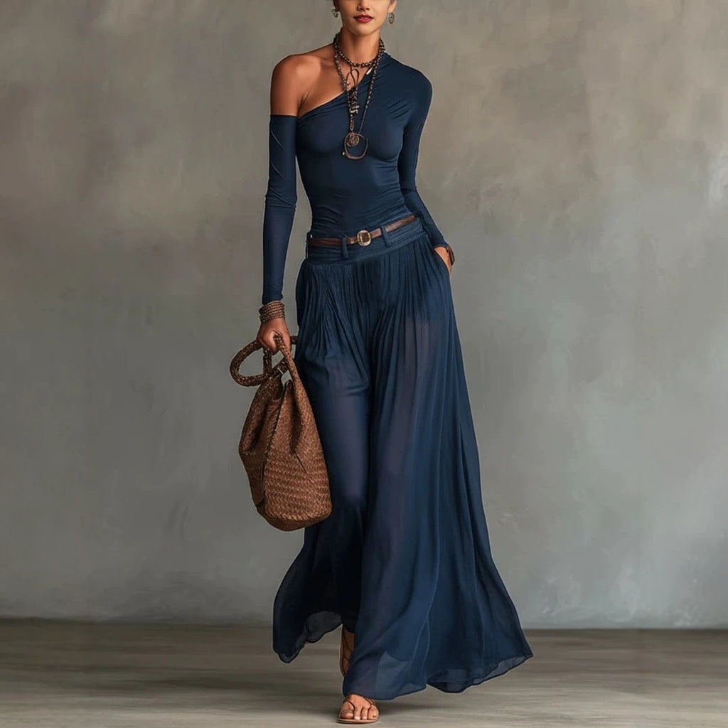 Ensemble décontracté robe longue avec ceinture, manche longue, épaule asymétrique, couleur unie, simple et à la mode