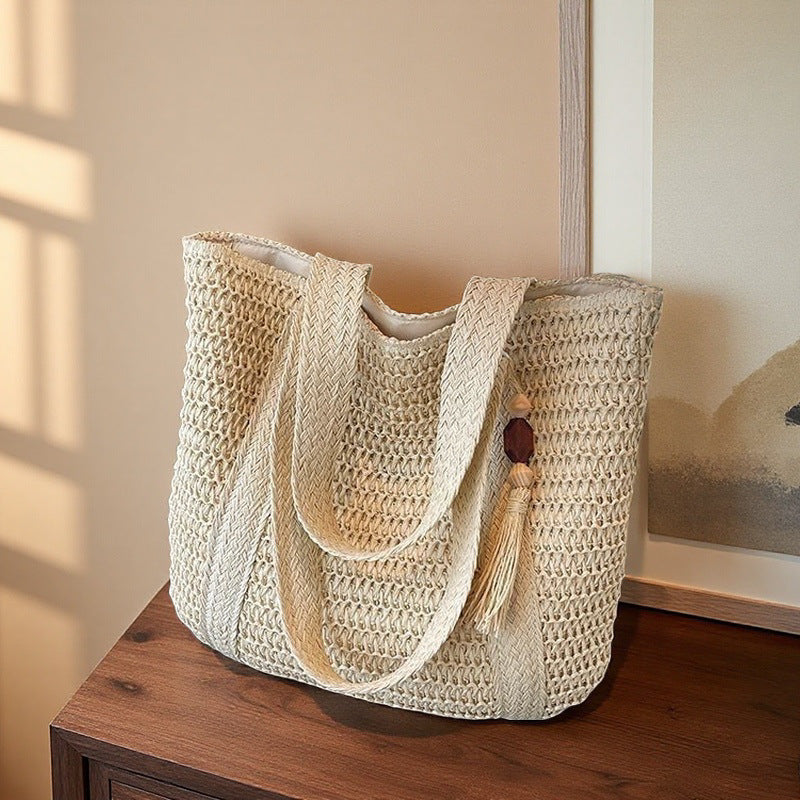 Grand sac de plage tressé en paille pour les trajets quotidiens, sac à bandoulière de style vacances