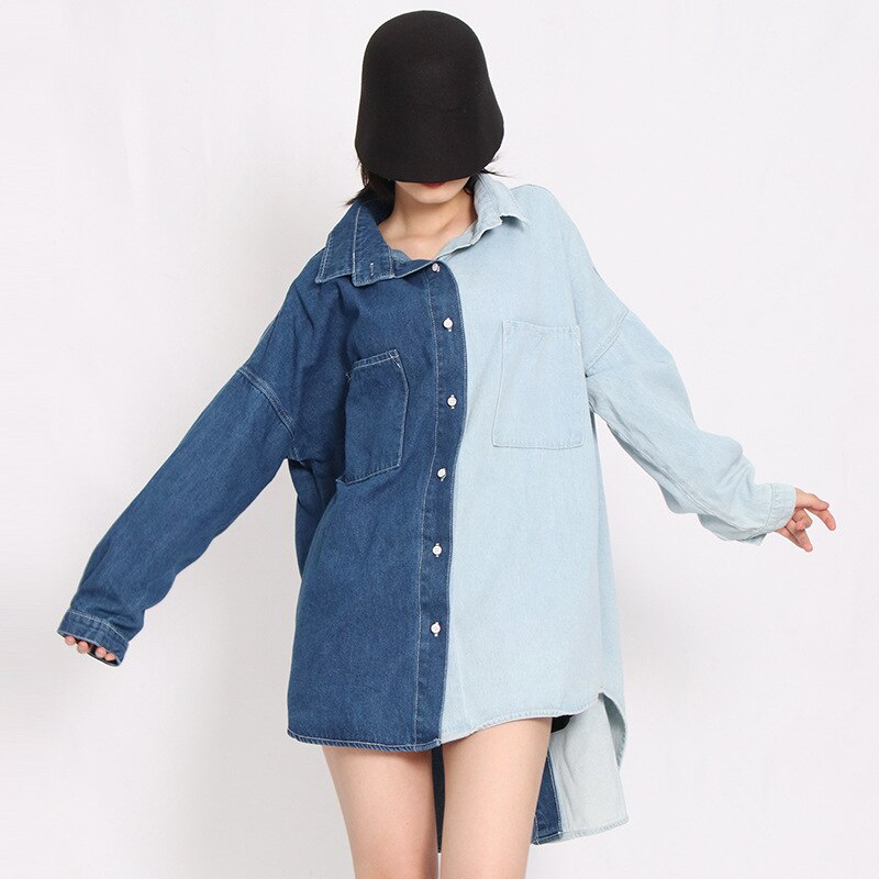 Chemise à col rabattu SuperAen Automne Nouvelle Mode Contrastée Patchwork Jeans Entiers Hauts Femme