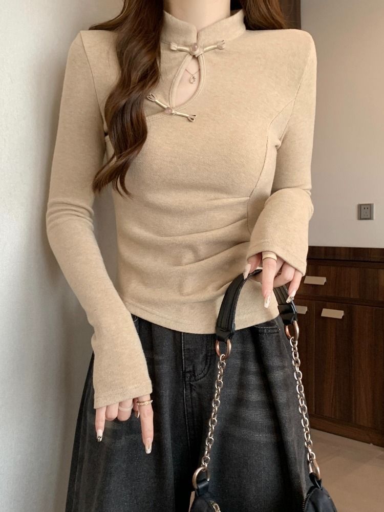 Women's Solid Color Long Sleeve T-Shirt with Unique Design, Autumn/Winter Inner Layer Top