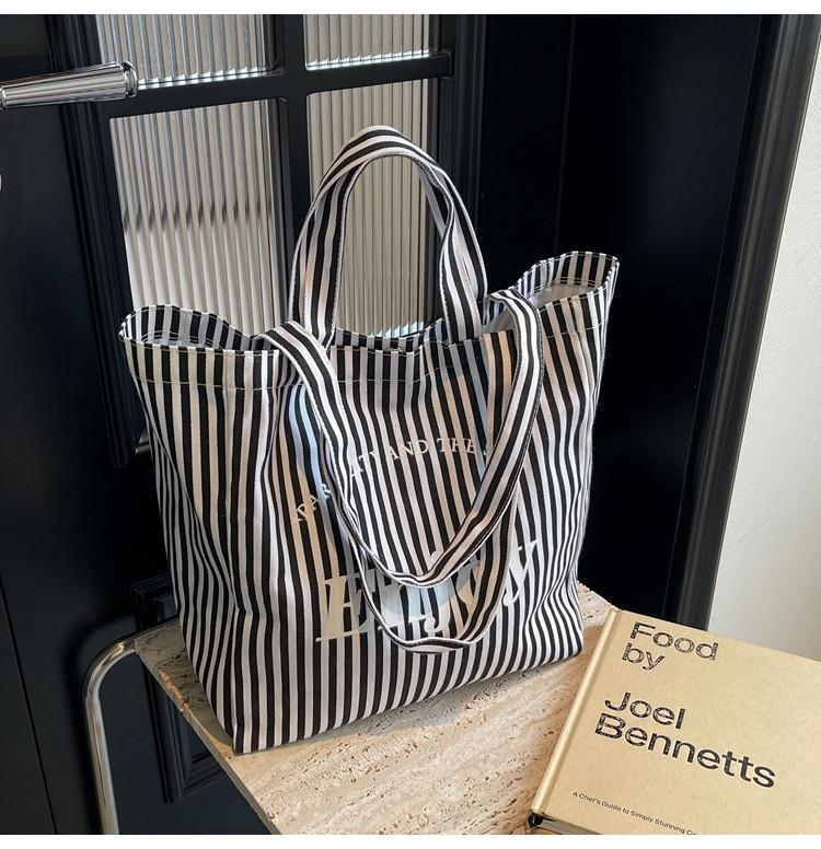 Sac fourre-tout en toile à rayures colorées pour femmes, grande capacité, sac à bandoulière décontracté, design simple