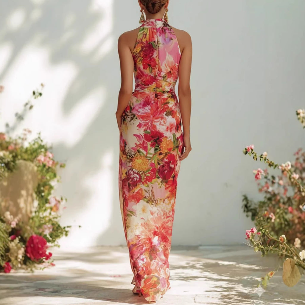 Robe cintrée en mousseline de soie, sans bretelles ni manches, à motif floral élégant
