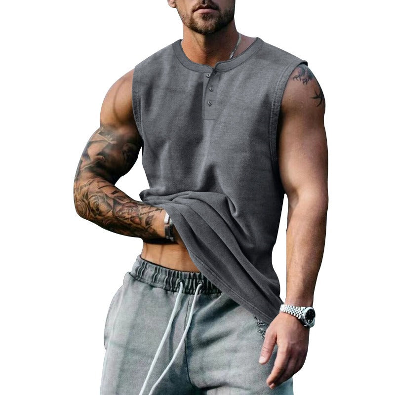Débardeur de basket-ball de sport d'été pour homme, col rond, boutonné, sans manches, T-shirt pour homme, coupe droite