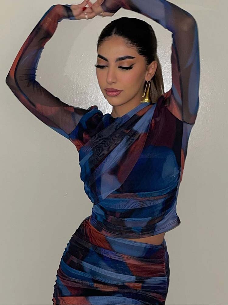 Ensembles 2 pièces pour femme - Blouse en soie et résille imprimée + jupe mi-longue plissée taille haute - Tenues pour femme
