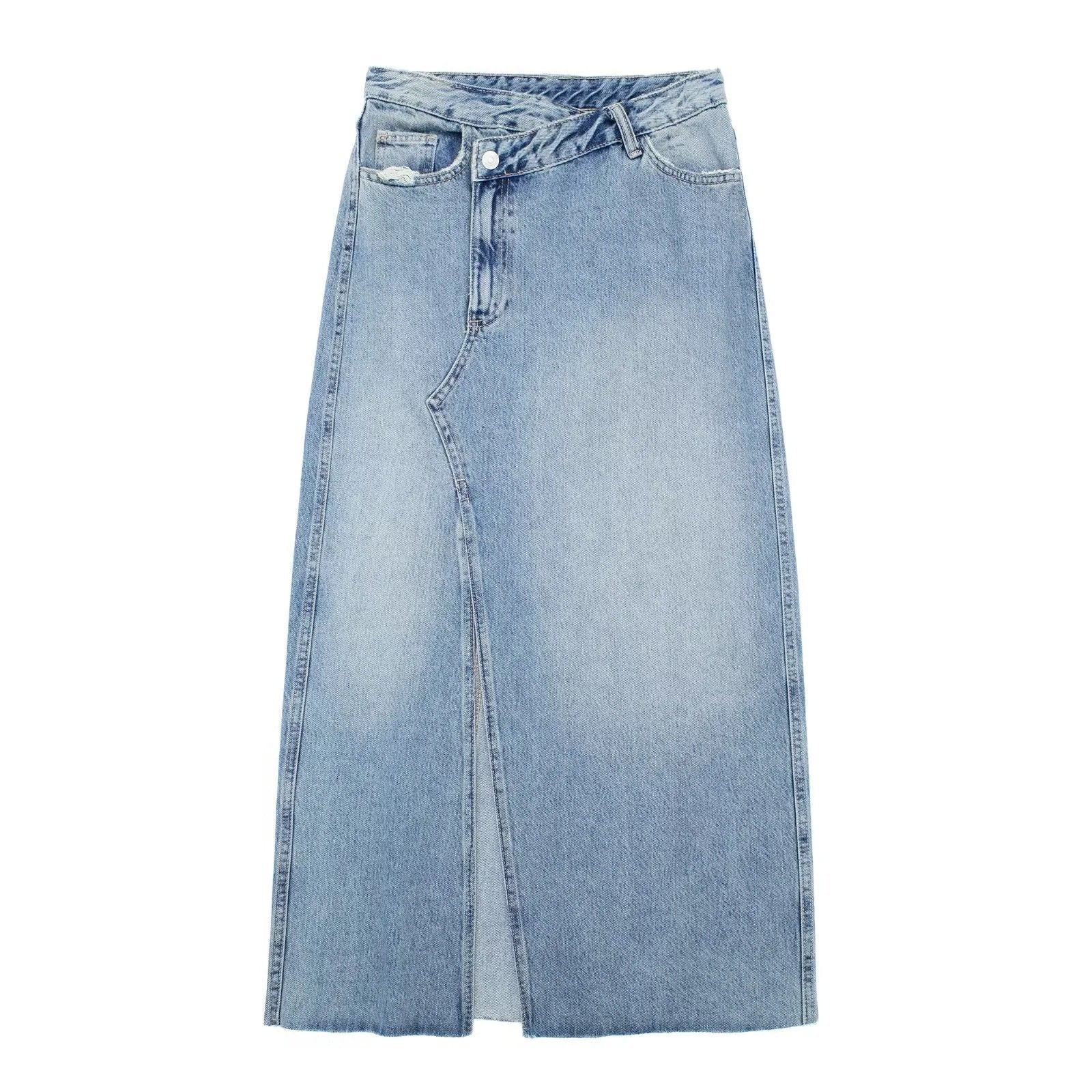 Women's Mid Rise Diagonal Patchwork Denim Skirt