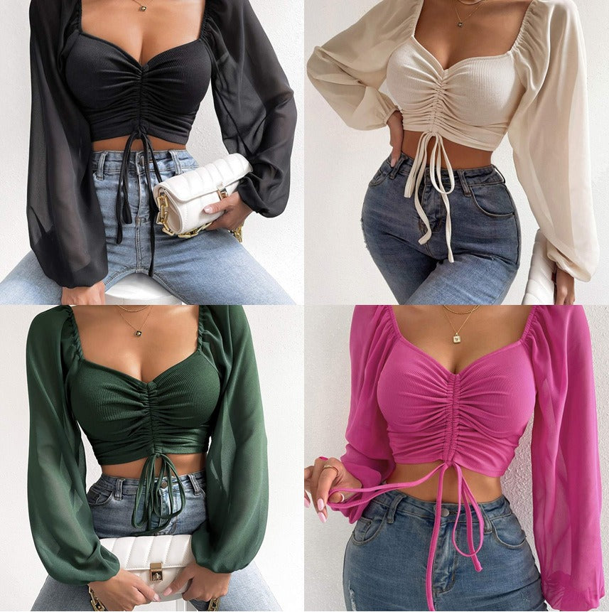 Nouveau haut pour femme en mousseline de soie à rayures, patchwork, cordon de serrage, manches lanternes, ajusté et tendance