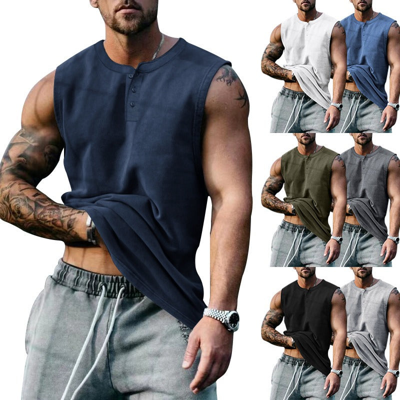 Débardeur de basket-ball de sport d'été pour homme, col rond, boutonné, sans manches, T-shirt pour homme, coupe droite