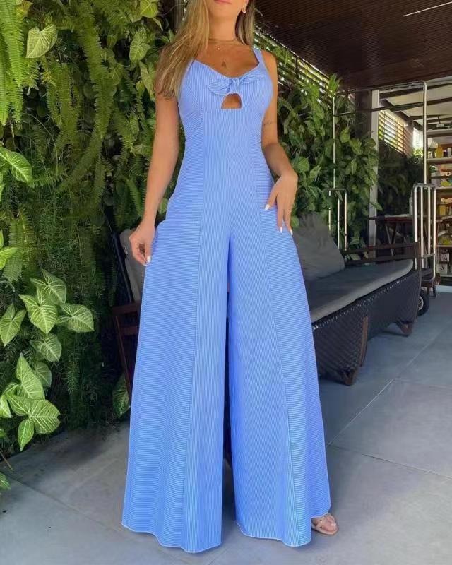 Nouvelle combinaison décontractée ample à rayures larges, sans manches, de couleur unie, pour femmes, style européen et américain