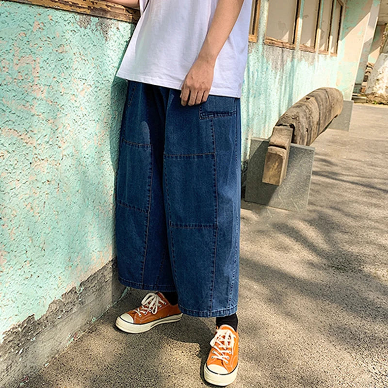 Jeans Ankle-Length  Nouveau cordon de serrage taille élastique Jambe large Homme Ample Doux Jean Hip Hop Streetwear