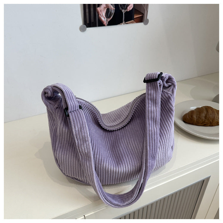 Sac bandoulière minimaliste en velours côtelé de couleur unie, grand, romantique, de style japonais, décontracté et tendance, en forme de croissant.