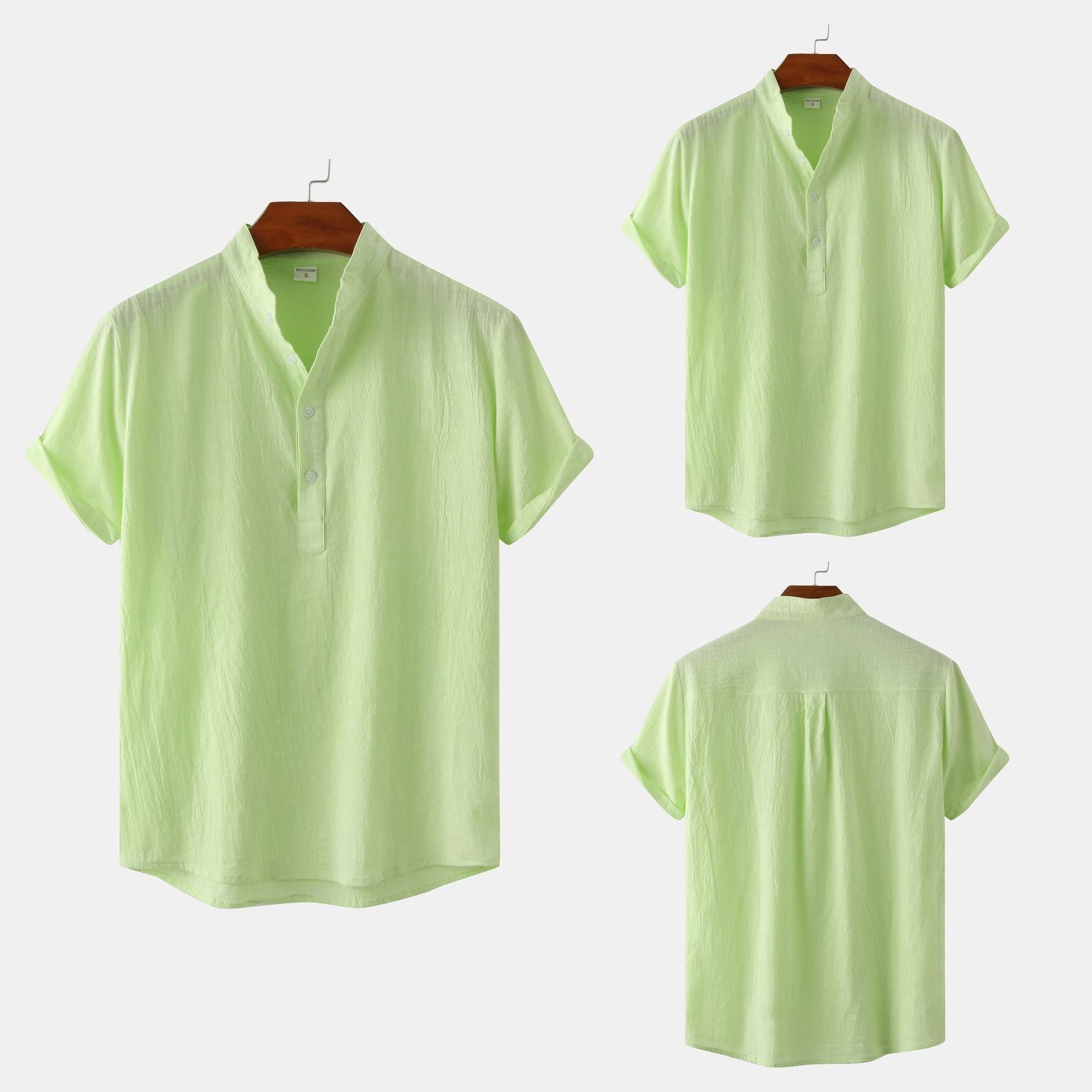 Chemise décontractée à col montant et manches courtes en coton et lin pour homme, T-shirt de plage, Vêtements pour hommes