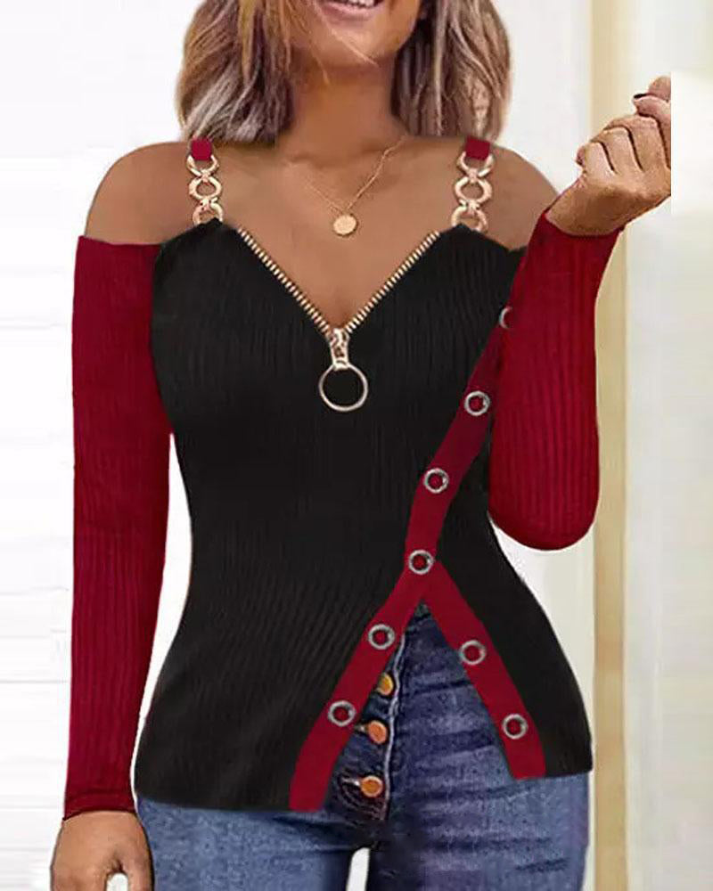 T-shirt zippé à col en V pour femmes avec motif d'ancre de bateau et chaîne en métal, style européen et américain
