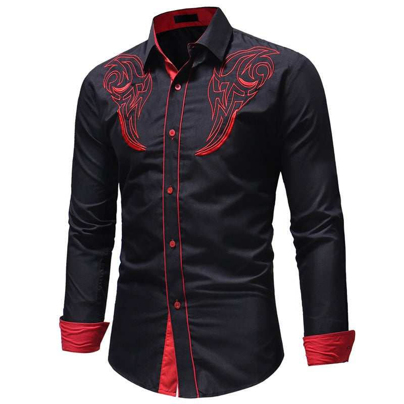 Nouvelle chemise brodée à motif totem classique pour homme, chemise décontractée ajustée à manches longues avec empiècements de couleur pour homme