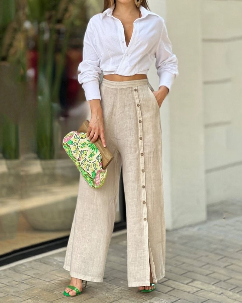 Ensemble deux pièces décontracté européen et américain pour femmes : chemise à revers de couleur unie et pantalon ample