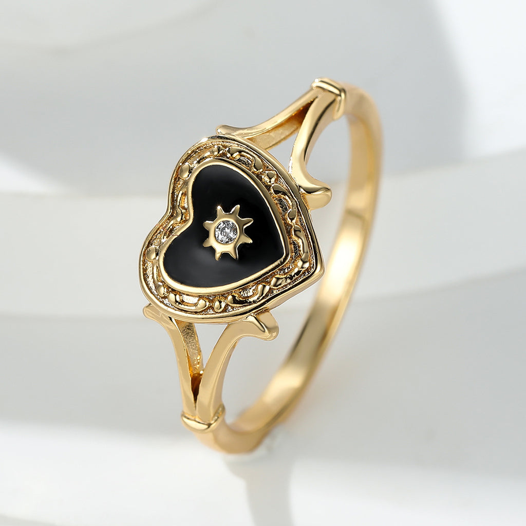Gothic Black Enamel Heart Drop Ring in Fashion Style