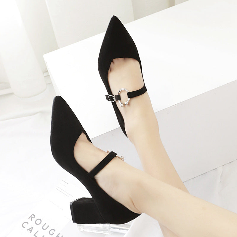 Chunky Heel Suede Women's High Heels with Metal Buckle