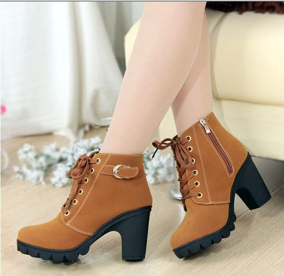Solid Color Women's Leather Lace-Up Martin Boots