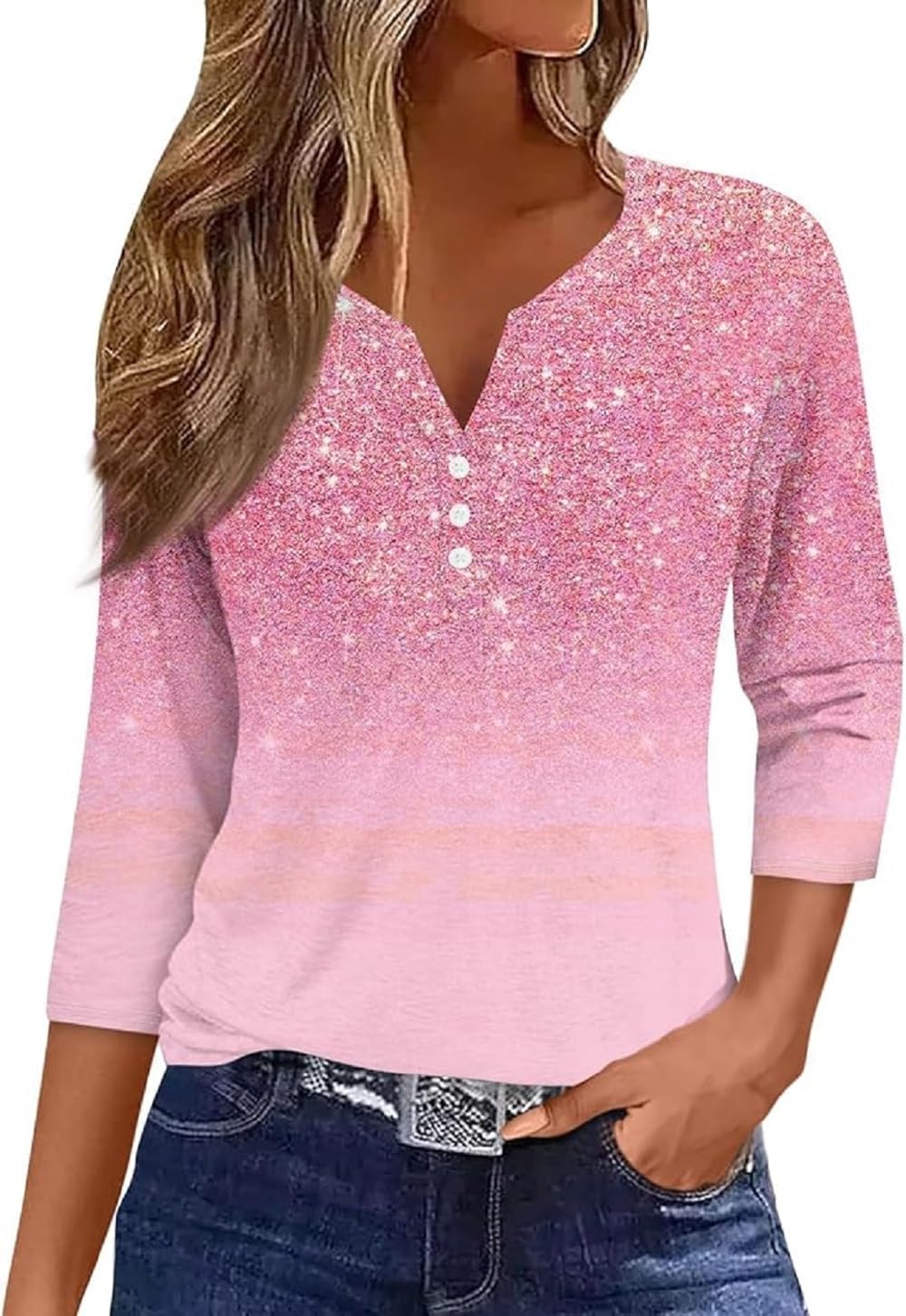 Plus Size : 3/4 Length Sleeve Womens Plus Size Tops Button Down V Neck Casual Shirts Dressy Henley Blouses Fashion Fall Pullover Clothes