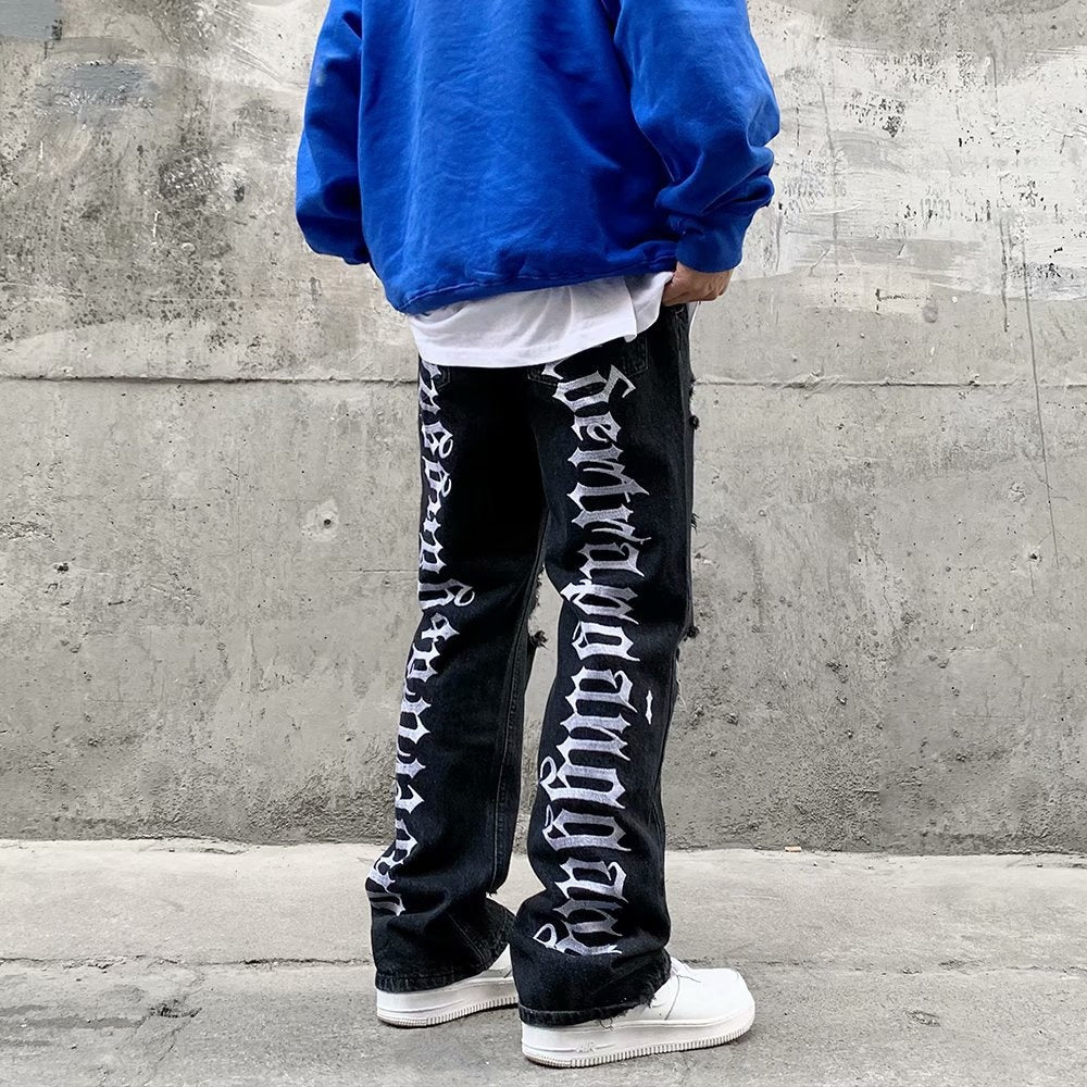 Gothic Embroidered Micro Flare Men's Jeans (Hip-Hop Style)