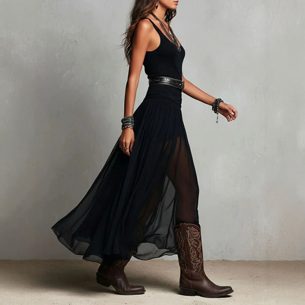 Nouvelle Robe Longue Noire d'Été à Bretelles pour Femme, Robe en Maille avec Ceinture