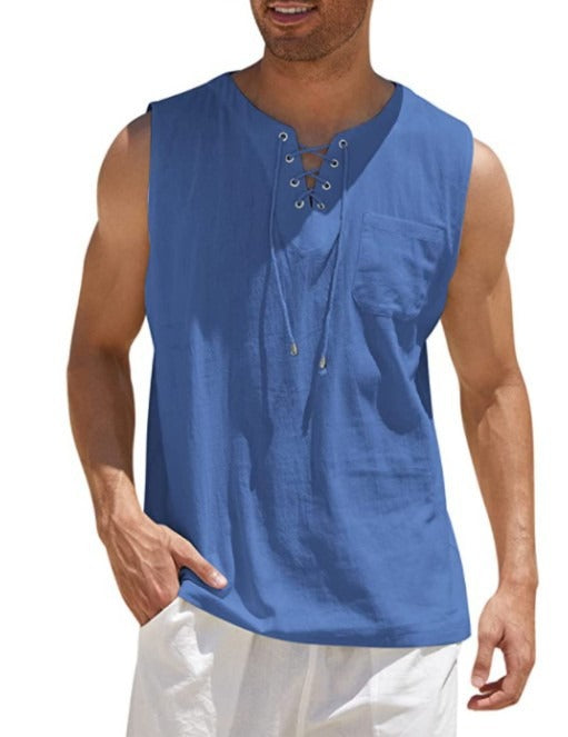 Nouveau débardeur pour homme, chemise en dentelle, mode unie en coton et chanvre, t-shirt à manches courtes