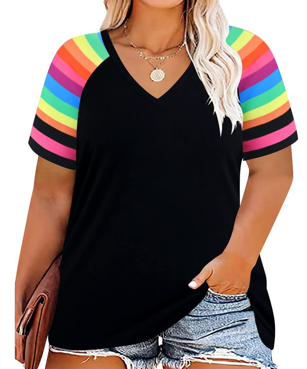 Grandes tailles : hauts grande taille RITERA pour femmes hauts à manches courtes bloc de couleur col en V tunique raglan rayures arc-en-ciel chemisiers d'été décontractés rayures arc-en-ciel - Noir 5XL