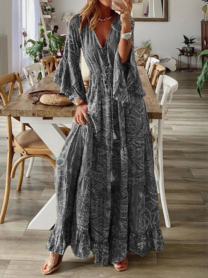 2023 Bohemian Floral Print Maxi Dress with V-Neck