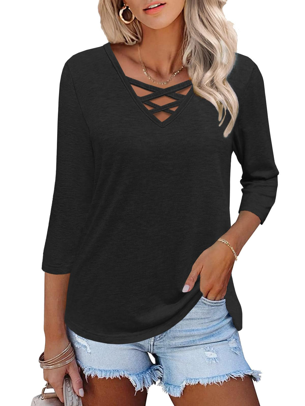 Womens Summer Tops 2025 V Neck 3/4 Sleeve Shirts Dressy Casual Blouses Black
