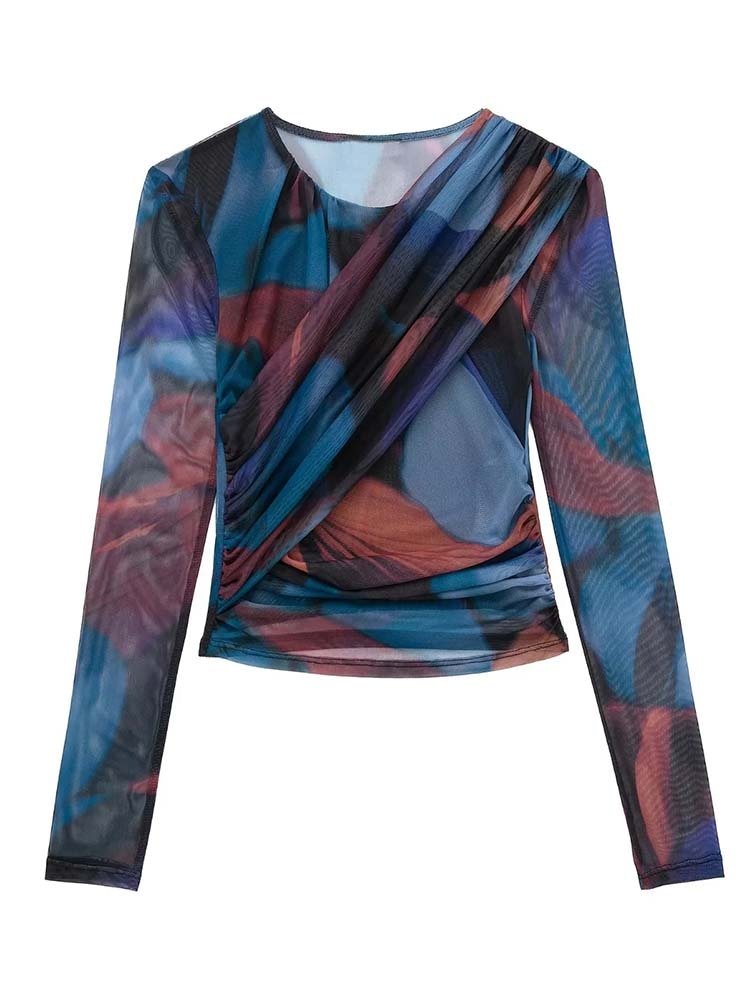 Ensembles 2 pièces pour femme - Blouse en soie et résille imprimée + jupe mi-longue plissée taille haute - Tenues pour femme