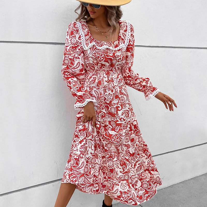 Robe longue fleurie à manches longues en dentelle patchwork et col carré pour femmes