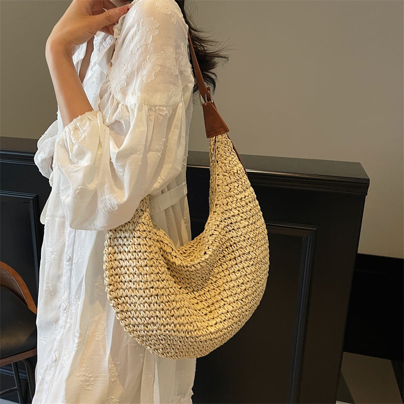 Sac Tressé Femme Décontracté Grande Capacité Sac à Bandoulière en Paille Fait Main