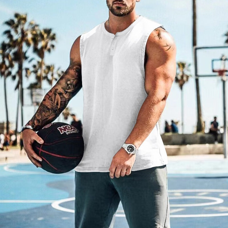 Débardeur de basket-ball de sport d'été pour homme, col rond, boutonné, sans manches, T-shirt pour homme, coupe droite