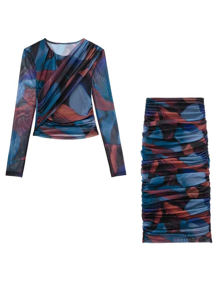 Ensembles 2 pièces pour femme - Blouse en soie et résille imprimée + jupe mi-longue plissée taille haute - Tenues pour femme