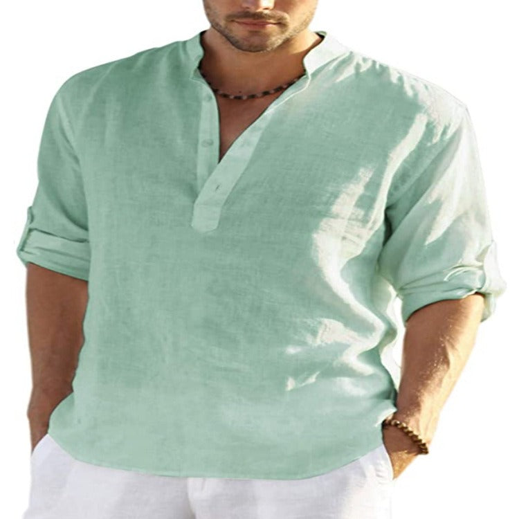 T-shirt en lin pour homme, manches longues, coupe ample, couleur unie, coton et lin, grande taille