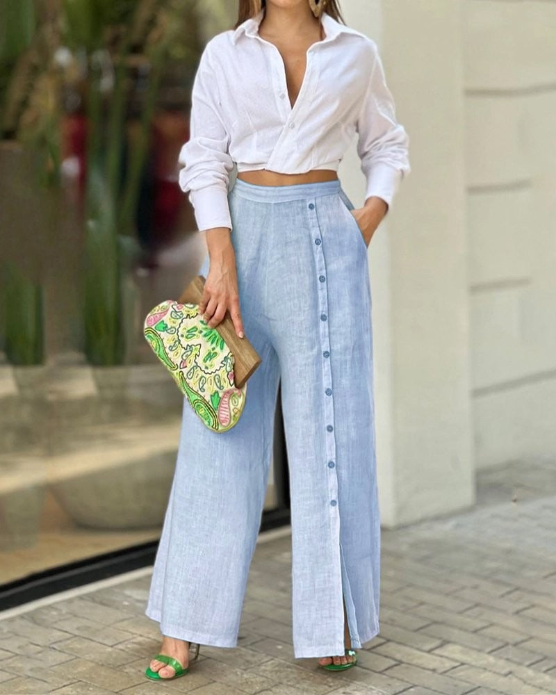Ensemble deux pièces décontracté européen et américain pour femmes : chemise à revers de couleur unie et pantalon ample
