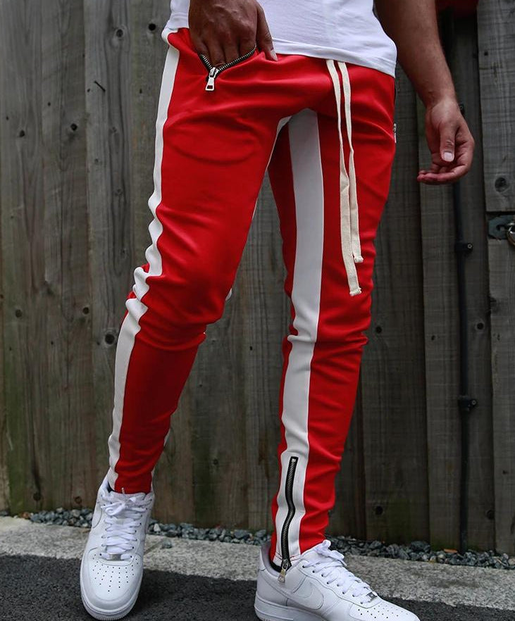 Side Zipper Casual Pants with Stretch Cotton Stripes