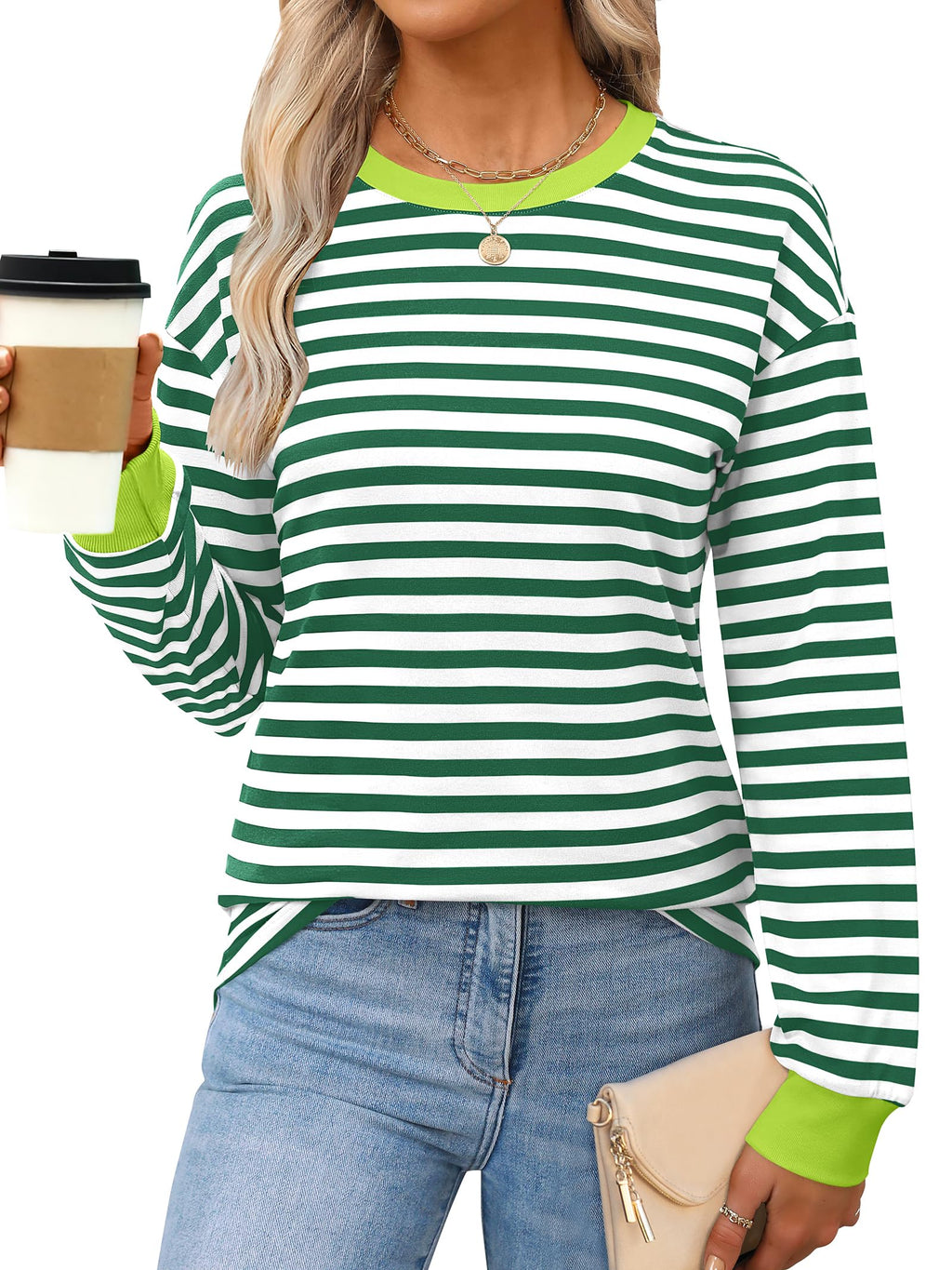 ANRABESS Long Sleeve Shirts for Women Striped Crewneck Loose Fit Tunic Tops 2024 Fall Color Block T-Shirt Green S