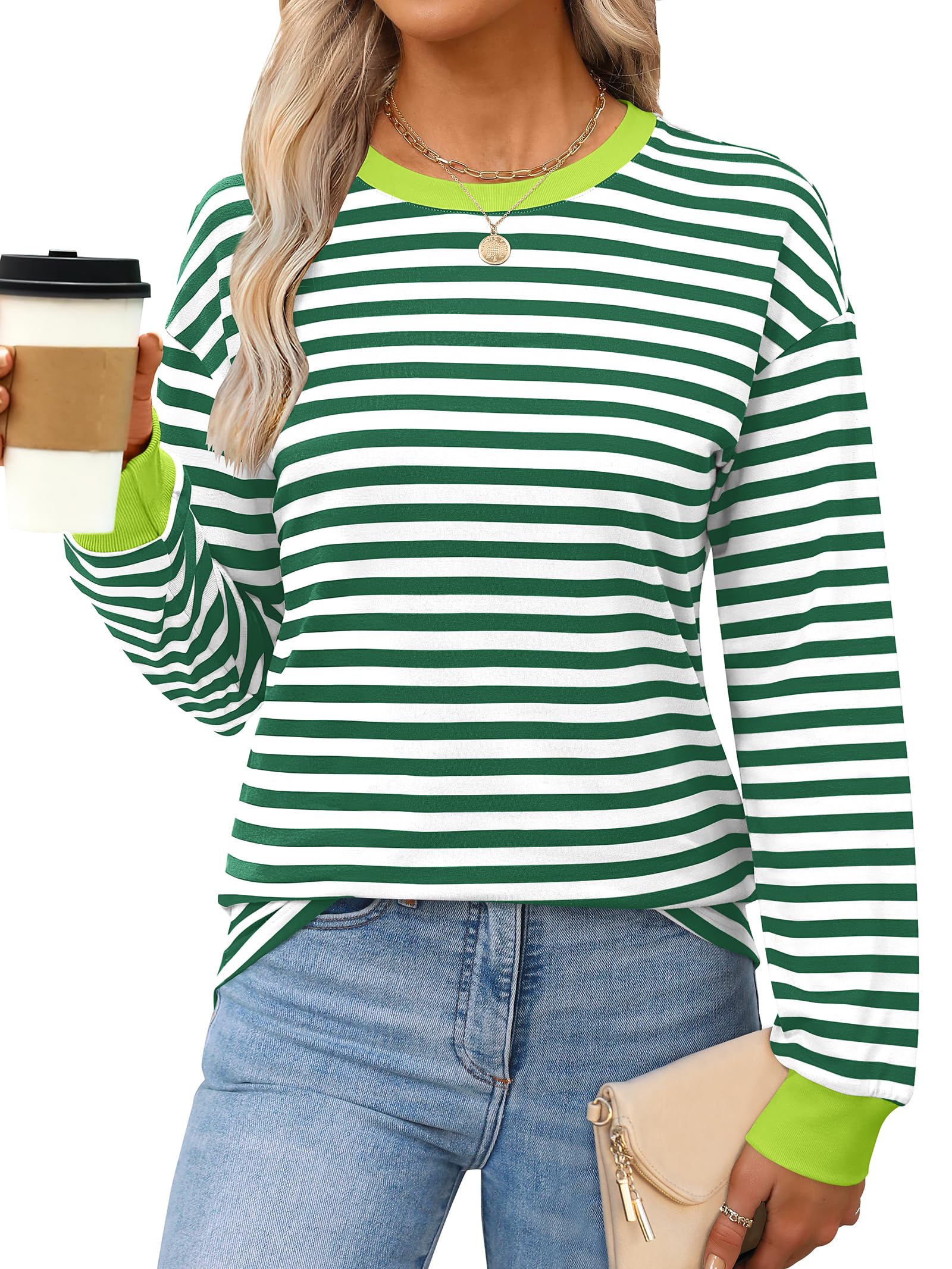 ANRABESS Long Sleeve Shirts for Women Striped Crewneck Loose Fit Tunic Tops 2024 Fall Color Block T-Shirt Green S