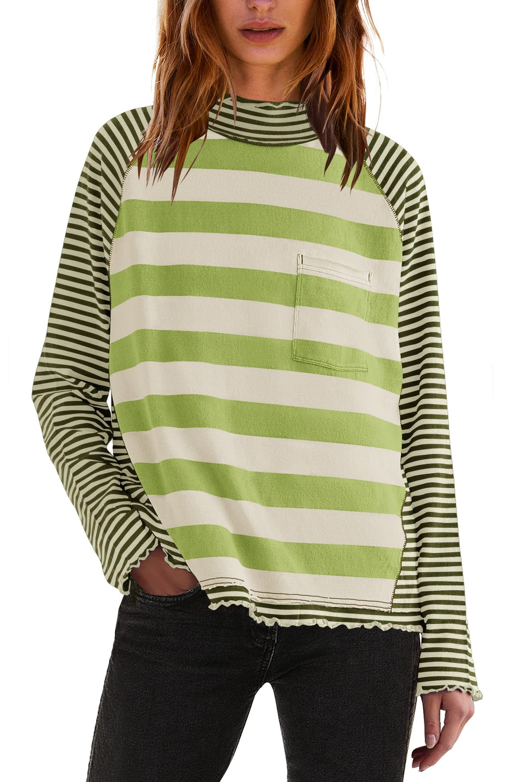 Panadila Womens Color Block Striped Shirts Raglan Long Sleeve Shirt Turtleneck Tunic Tops Fall Loose Pullover Top(Green White ComboM)