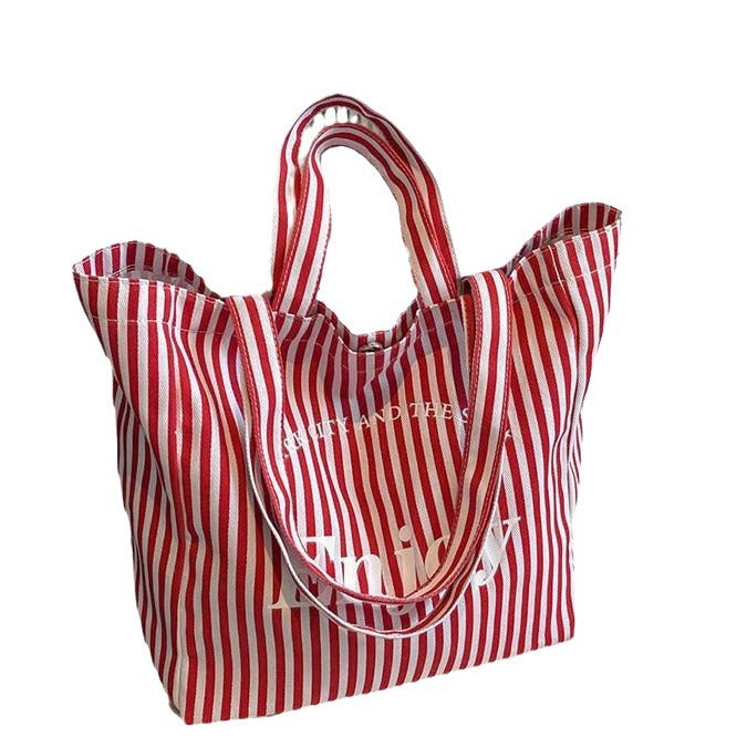 Sac fourre-tout en toile à rayures colorées pour femmes, grande capacité, sac à bandoulière décontracté, design simple
