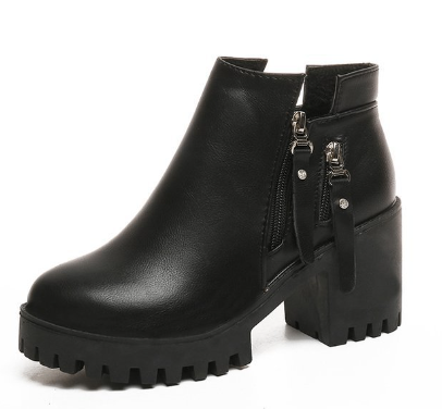 Chunky Heel Round Toe Side Zip Ankle Boots