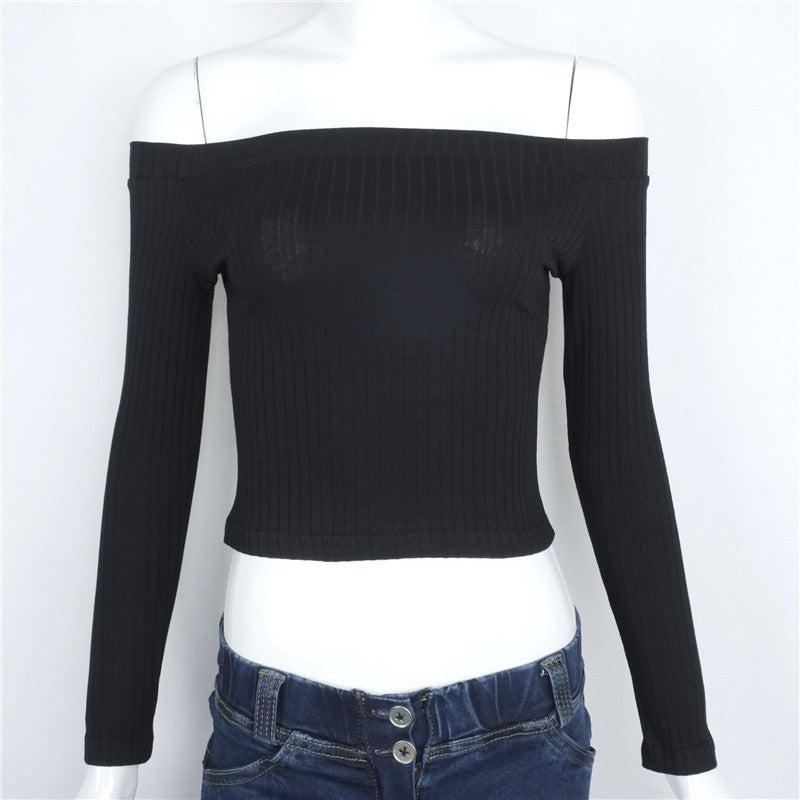 Cross-Border Autumn Women’s Solid Color Off-Shoulder Tee