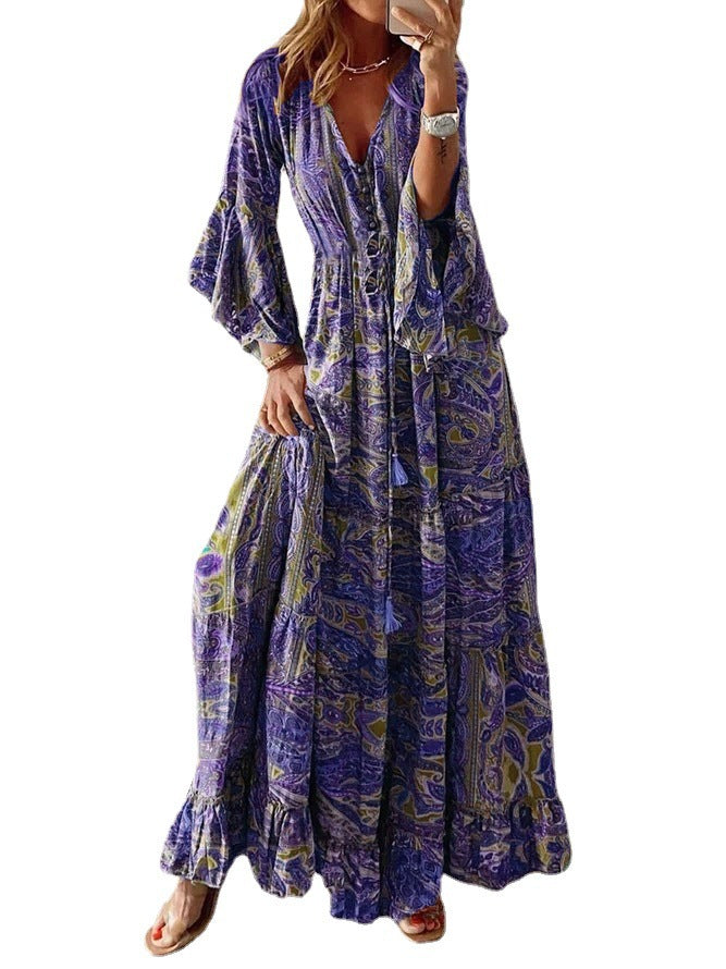 2023 Bohemian Floral Print Maxi Dress with V-Neck
