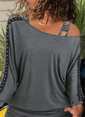 Beaded Long-Sleeved Off-Shoulder T-Shirt with Collar