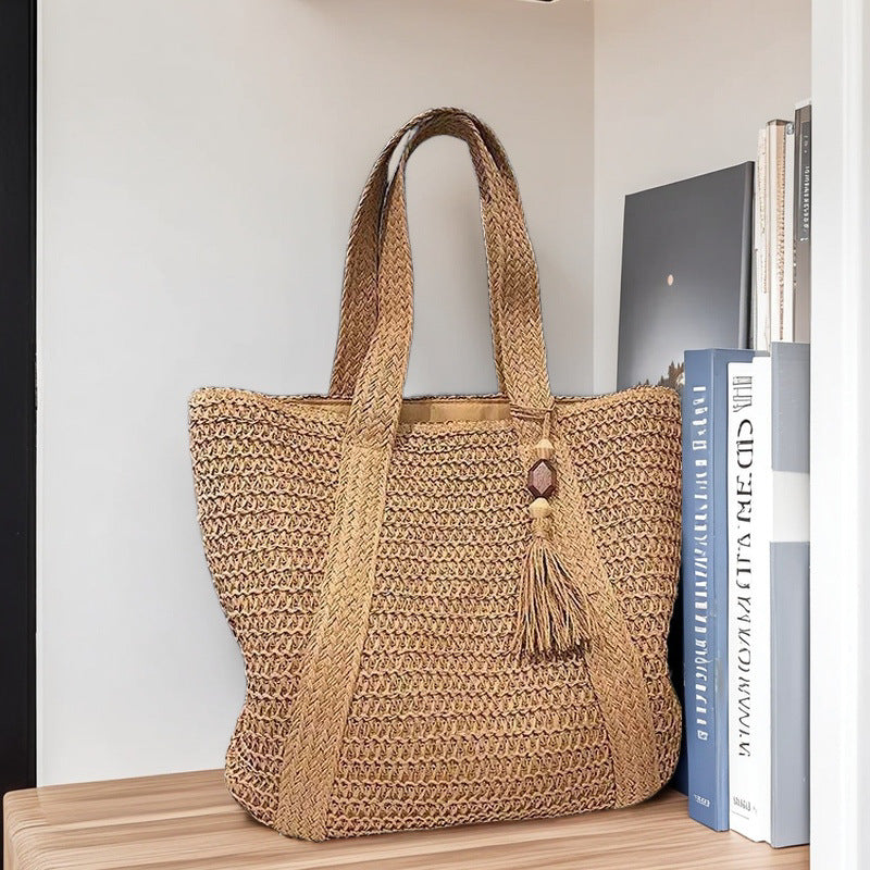 Grand sac de plage tressé en paille pour les trajets quotidiens, sac à bandoulière de style vacances