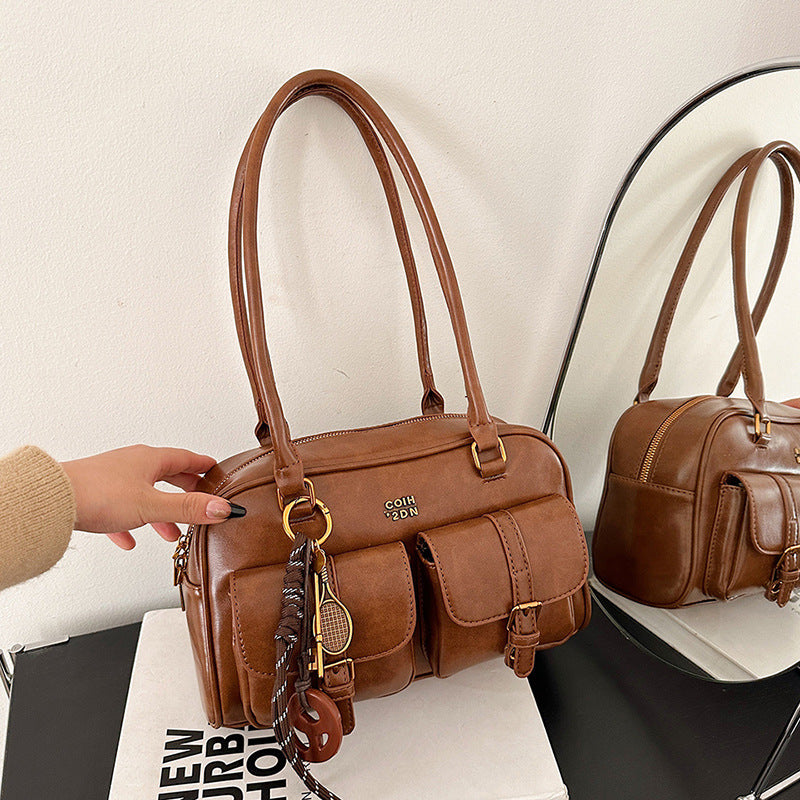 Sac à bandoulière style rétro coréen tendance, sac Boston décontracté, sac bowling élég élégant
