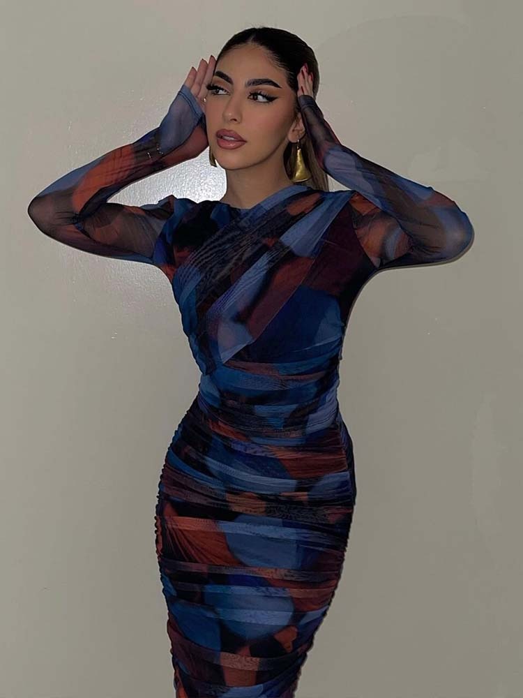 Ensembles 2 pièces pour femme - Blouse en soie et résille imprimée + jupe mi-longue plissée taille haute - Tenues pour femme