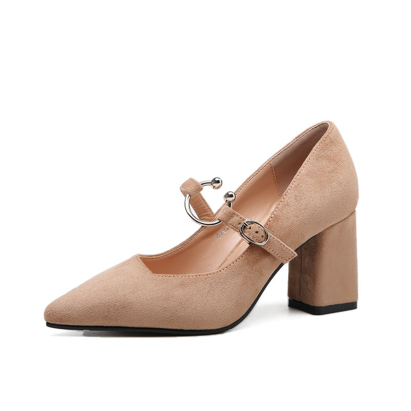 Chunky Heel Suede Women's High Heels with Metal Buckle