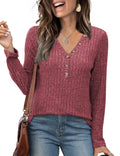 Plus Size : Viracy Womens Lightweight Sweaters Tunic Tops Long Sleeve Shirts V Neck Button Down Blouses Casual Business Wine Red-XL
